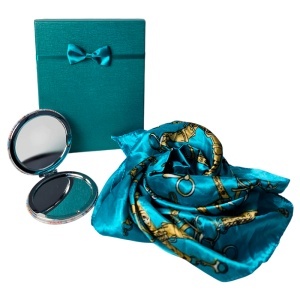 Set pentru femei, cu esarfa eleganta satinata si oglinda, in cutie eleganta, turcoaz-auriu - Img 4