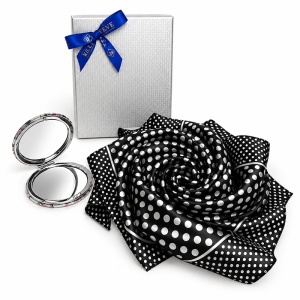 Set pentru femei Satin Glow cu esarfa satinata 50x50 cm si oglinda compacta, in cutie eleganta, negru-alb