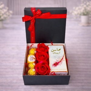 Set premium femei Glamour, cu apa de parfum arabesc Mahasin 50ml, 3 trandafiri de sapun si praline Ferrero - Img 2