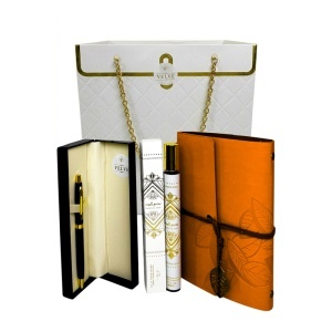 Set premium Prestige White unisex, cu jurnal, pix si parfum Badee Al Oud 35 ml, in cutie eleganta tip geanta