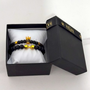 Set Royal pentru barbati, doua bratari cu pietre semipretioase si cristale zirconiu, ambalate in cutie neagra cu pernuta, Negru/Gold - Img 4