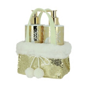 Set Vivian Gray Golden Glitter Unisex, in cosulet textil imprimeu sarbatori, cu Sapun lichid crema 250 ml si Crema de maini 250 ml - Img 2