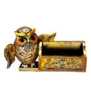 Suport pentru birou, vintage, din rășină, cu bufniță și motive florale, 16x5x10 cm - Img 3