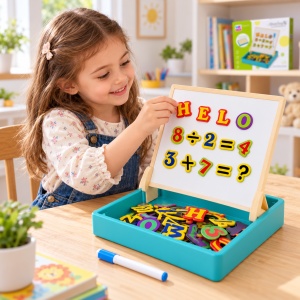 Tablita magnetica educativa 2 in 1 WB Wooden Toys, 42 litere, cifre si simboluri, marker si cutie, 3+ ani - Img 3
