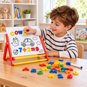 Tablita magnetica educativa cu suport, 53 piese, litere, cifre, simboluri si marker, multicolor, 3+ ani - Img 3
