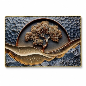 Tablou decorativ Copacul vietii abstract in relief cu aplicatii cristale, in rama aurie, 60x40 cm