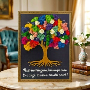 Tablou decorativ Copacul Vietii cu licheni naturali multicolori si mesaj pentru nasi 30x40 cm - Img 4