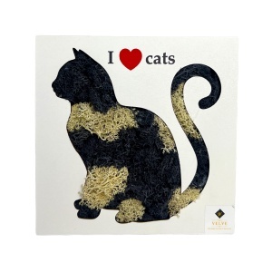 Tablou decorativ cu licheni stabilizați „I Love Cats”, siluetă pisică, 20x20 cm, Multicolor