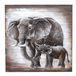 Tablou decorativ din lemn Maxi Peace, cu elefanti, 90x90 cm