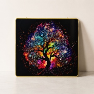 Tablou decorativ modern Copacul Vietii Multicolor 3D in relief, cu cristale, rama aurie, 40x40 cm - Img 3