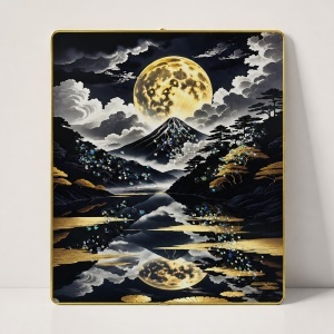 Tablou decorativ modern Muntele Fuji si Luna Plina 3D in relief, cu cristale, rama aurie, 40x30 cm - Img 2