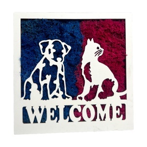 Tablou decorativ Welcome cu licheni stabilizați și siluete de animale, 20x20 cm, Albastru – Fucsia