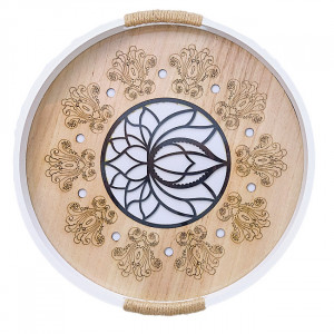 Tava Lotus, din lemn cu baza din sticla si model traditional asiatic, 30cm