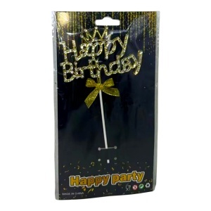 Topper " Happy Birthday " cu coroana, Auriu