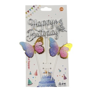Topper Happy Birthday cu fluturi decorativi, argintiu - Img 2