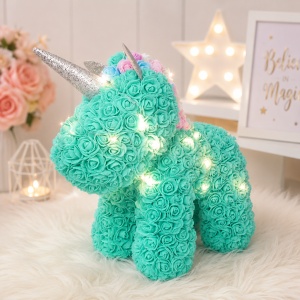 Unicorn floral turcoaz din trandafiri de spuma cu LED-uri, in cutie transparenta, 40 cm