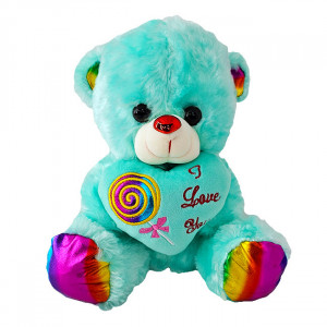 Ursulet de plus BUBU, cu inimioara, sunete de iubire si imprimeu Lollipop, inaltime 24 cm, Turquoise
