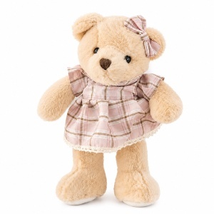 Ursulet de plus premium, fetita cu rochita roz in carouri, inaltime 35 cm