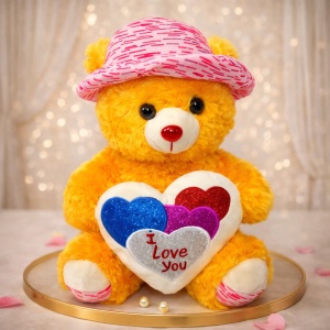 Ursulet de plus Pudding, cu palarie satinata si inimioara imprimata "I Love You", inaltime 33 cm, Portocaliu