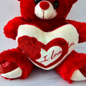 Ursulet de plus Pudding, palarie cu bentita satinata si inimioara cu trandafir imprimat "I Love You", inaltime 30 cm, Rosu 2