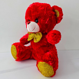 Ursulet de plus Red Sunny, cu papion si texturi glitter, inaltime 30 cm, Rosu/Auriu 2