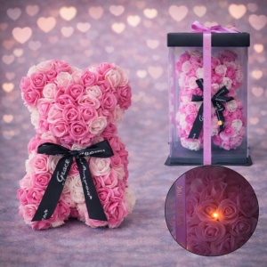 Ursulet floral 25 cm, cu LED-uri luminoase, din trandafiri spuma roz - alb, in cutie cadou
