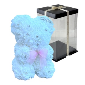 Ursulet floral cu trandafiri din spuma, 25 cm, cristale decorative aplicate manual, in cutie cadou, Alb - Img 5