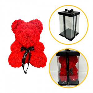 Ursulet floral rosu din Trandafiri 25 cm, decorat manual, cutie cadou1