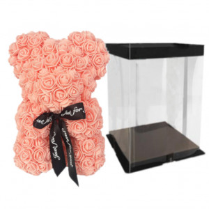 Ursulet floral cu trandafiri din spuma, 25 cm, decorat manual, cutie cadou, Frez - Img 2