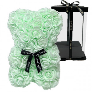 Ursulet floral cu trandafiri din spuma, 25 cm, decorat manual, cutie cadou, Verde deschis