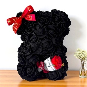 Ursulet floral cu trandafiri din spuma si buchet decorat manual, cu mesaj, Negru, 20 cm - Img 5