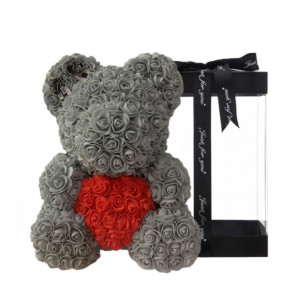 Ursulet floral din trandafiri de sapun Teddy Bear in Love in cutie cadou, 40 cm, gri