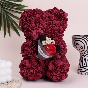 Ursulet floral din trandafiri spuma si buchet decorat manual, cu mesaj, Bordo - Img 1