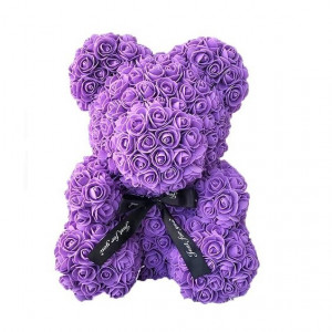 Ursulet floral mov din Trandafiri 40 cm, decorat manual, cutie cadou - Img 2