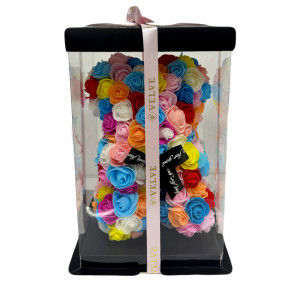 Ursulet floral multicolor din Trandafiri 25 cm, decorat manual, cutie cadou - Img 5