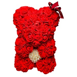 Ursulet floral rosu din trandafiri din spuma cu inimioara din perle 25 cm, decorat manual, in cutie cadou - Img 6