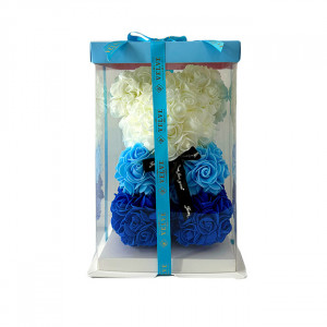 Ursulet Floral Teddy Bear Rainbow cu trandafiri din spuma, 25 cm, in cutie cadou, Albastru 5