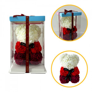 Ursulet Floral Teddy Bear Rainbow cu trandafiri din spuma hand-made, 25 cm, in cutie cadou, Rosu 1