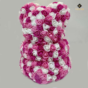 Ursulet Floral Triple color din Trandafiri spuma, 40 cm, roz- alb-fucsia, in cutie cadou