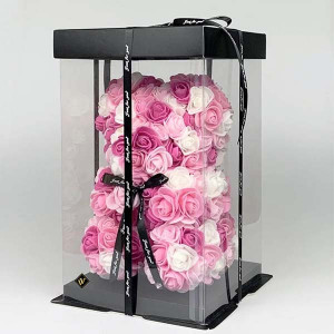 Ursulet Floral Triple color din Trandafiri spuma in cutie cadou, 25 cm, roz-roz pal-alb
