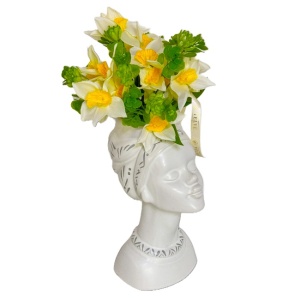 Vaza Venus Artemis cu aranjament floral, narcise si plante artizanale, Galben-Verde