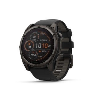 GARMIN FĒNIX® 8 - 51 мм, SOLAR Sapphire - Carbon Gray DLC Titanium с Black/Pebble Gray силиконова каишка