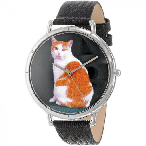 Whimsical Watches Manx Cat Black Leather and Silvertone Photo Unisex Quartz Watch with White Dial Analogue Display and Multicolour Leather Strap T-0120045 - Watch for men and woman