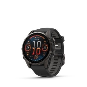 GARMIN FĒNIX® 8 - 43 mm, AMOLED, Sapphire - Carbon Gray DLC Titanium With Black/Pebble Gray Silicone Strap
