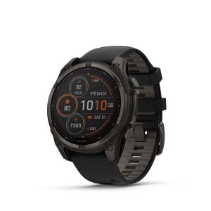 GARMIN FĒNIX® 8 - 47 мм, SOLAR Sapphire - Carbon Gray DLC Titanium с Black/Pebble Gray силиконова каишка