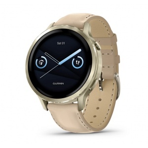 Garmin Venu® 4 - 41 мм, Lunar Gold с Light Sand кожена каишка - Смарт часовник