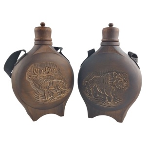 Wood-Carved Flask with Hunting Motifs and Built-In 200 ml Glass Container