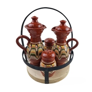 Ceramic 4-piece oil and vinegar set with traditional Troyan pattern