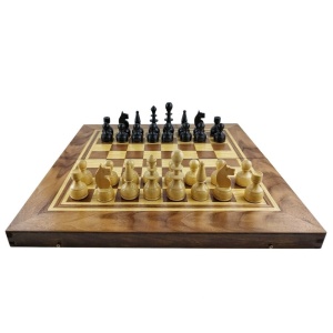 Luxury chess and backgammon set with natural dark walnut and beech veneer, 48 cm.