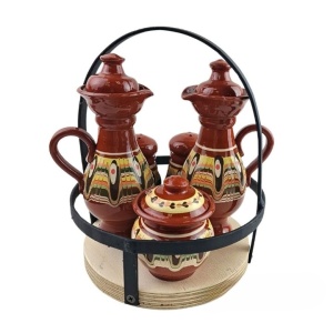 Ceramic 5-piece oil and vinegar set with traditional Troyan pattern